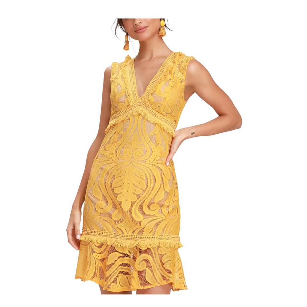 RYSE THE LABEL YELLOW GOLD LACE MINI DRESS NWT M